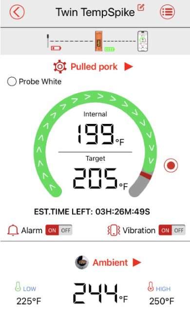 Screenshot of the ThermoPro Twin TempSpoike app smoking pulled pork