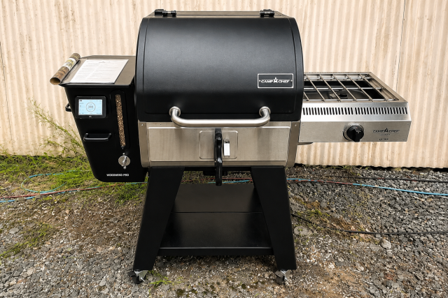 Camp Chef Woodwind Pro 24 being burned in outside shed