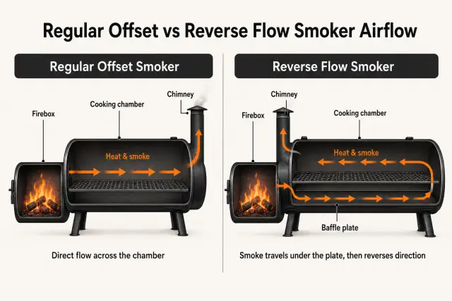 Reverse flow vs regular offset smoker diagram of smoke and heat flow