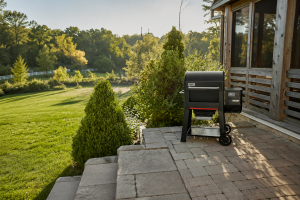 Weber Searwood 600 set up in backyard
