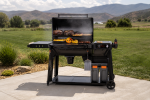 Traeger Woodridge set up and smoking on patio